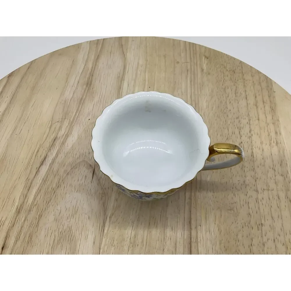 Floral Porcelain Tea Cup Gold Trim Footed Scalloped Rim Multicolor Vintage Retro